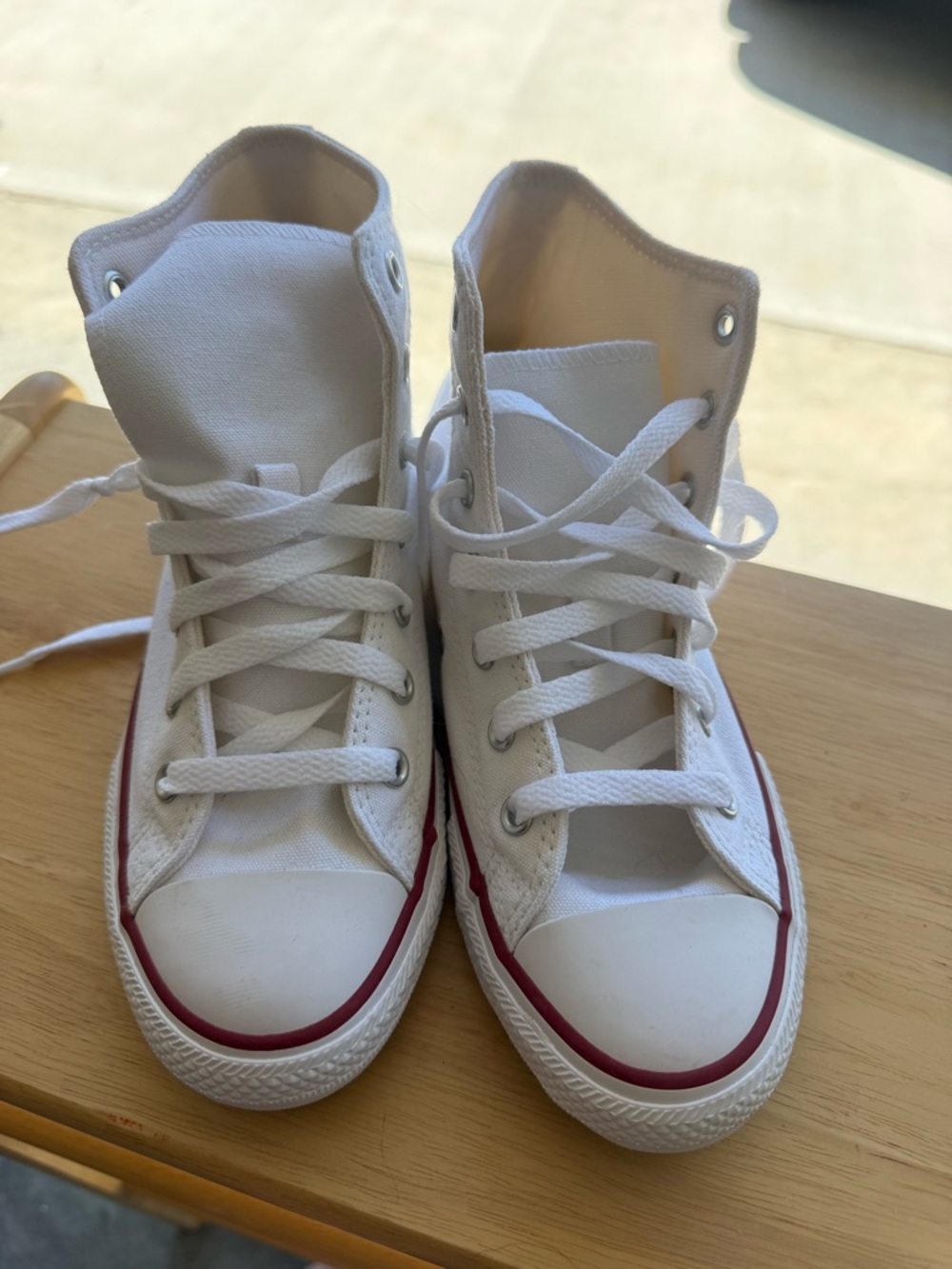 Kids High-Top Canvas Sneakers in White with Red Trim
